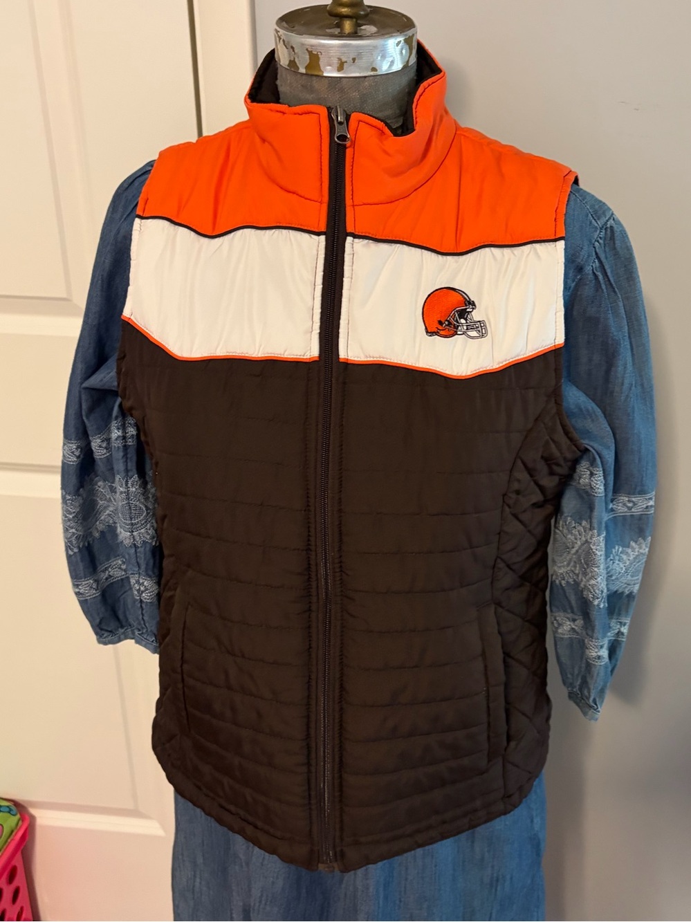 Cleveland Browns Colorblock Puffer Vest - Orange/White/Brown